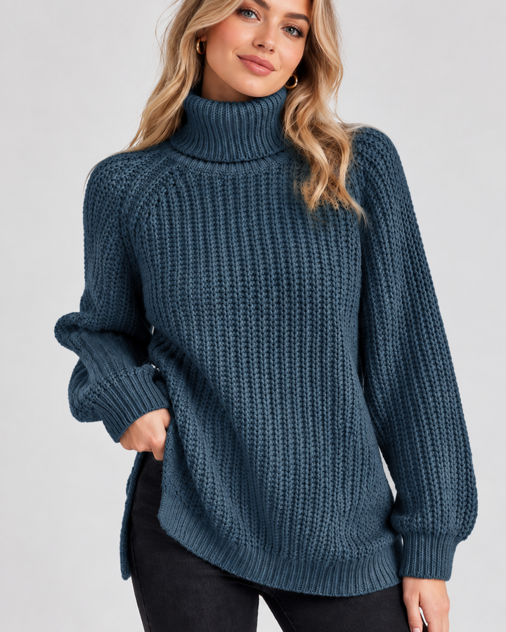 Klassischer Damen-Rollkragenpullover mit Rippstrick | Graublau