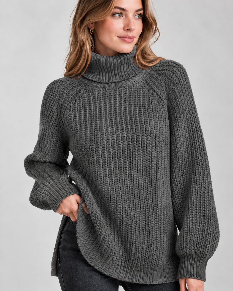 Klassischer Damen-Rollkragenpullover mit Rippstrick | Dunkelgrau
