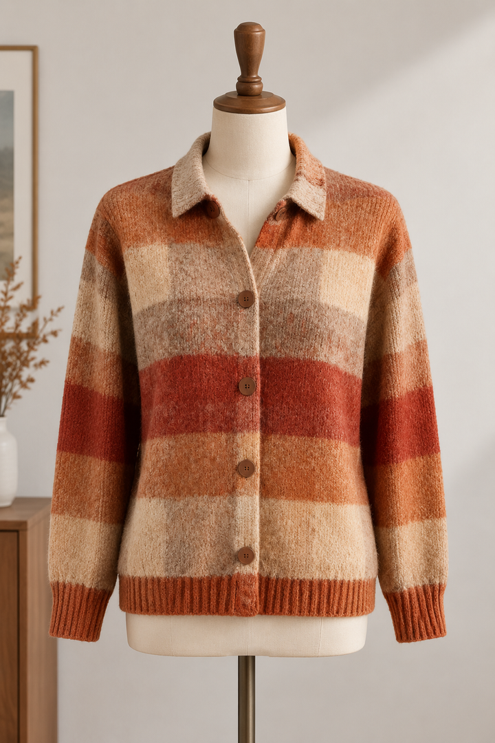 Herbstwärme Damenstrickjacke im Rost-Karo