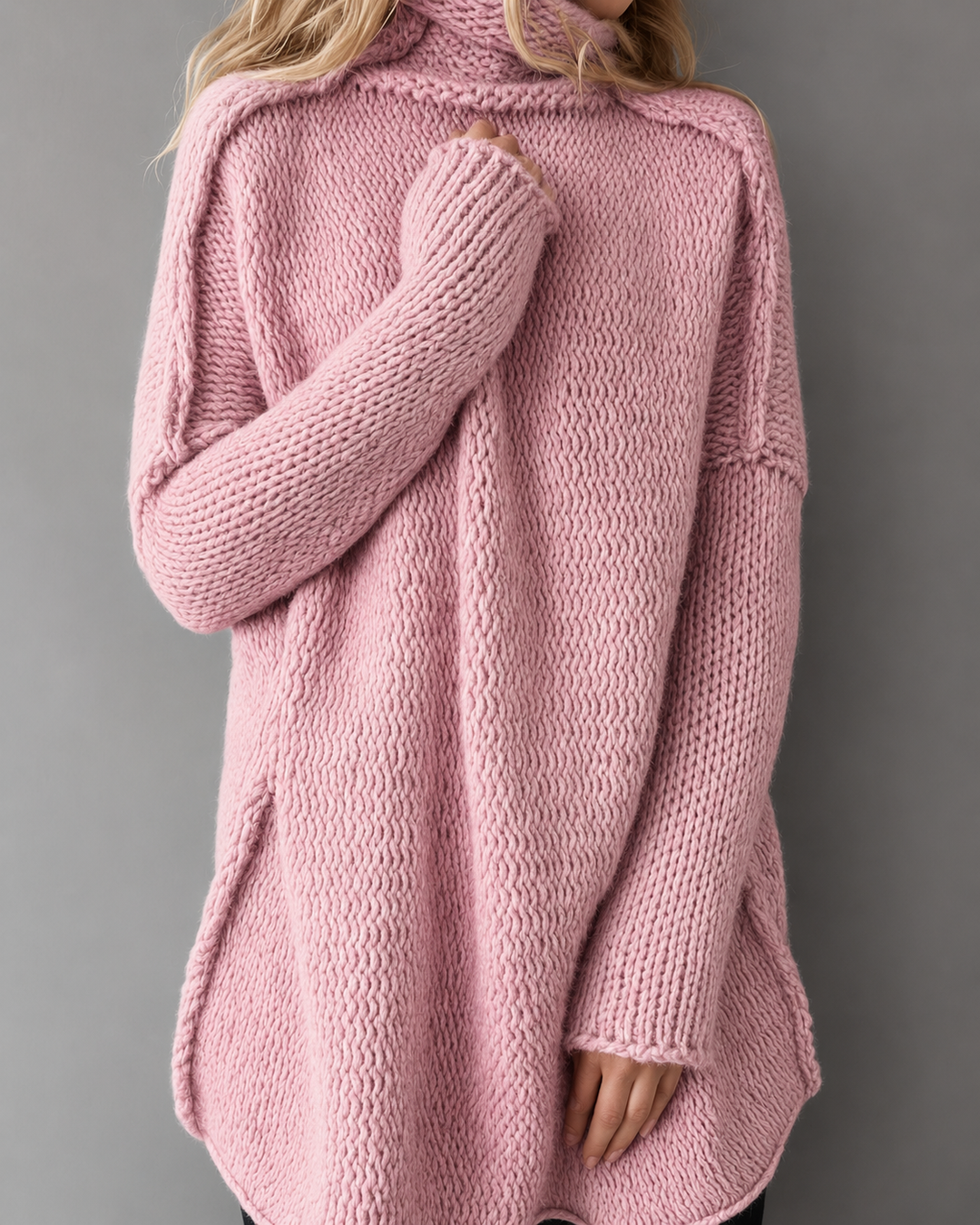 Gemütlicher langer Damenstrickpullover | Rosa